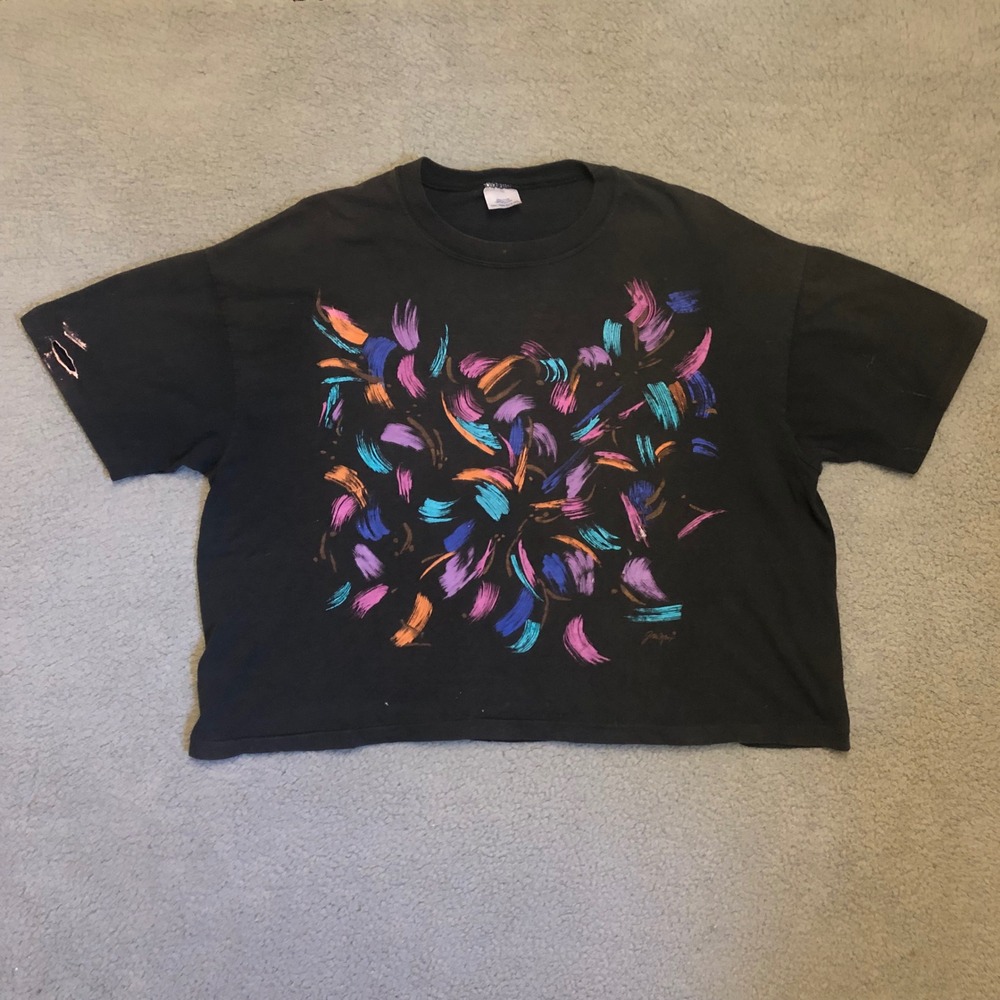 Vtg 90s Gilda Marx Abstract Paint Graphic Tee Boxy‎ Black Distressed OSFA XL